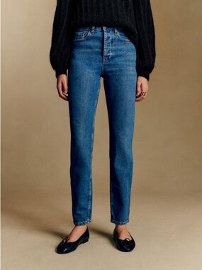 Sezane Brut Sexy Straight Leg Tapered Jeans Denim Blue Sz 24 Organic Cotton